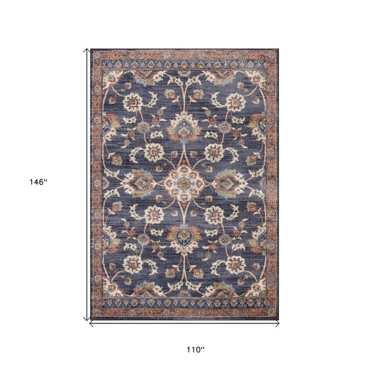 9' x 12' Navy Blue Floral Power Loom Area Rug With Fringe