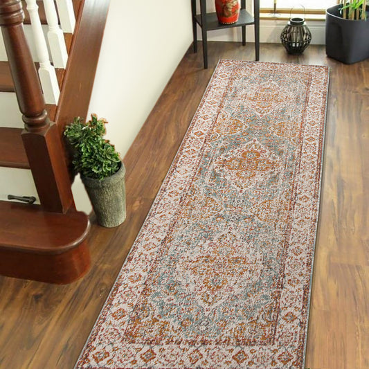 7' Blue Oriental Power Loom Runner Rug With Fringe