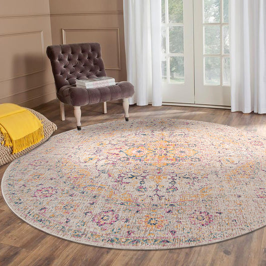 6' Yellow and Ivory Round Oriental Power Loom Distressed Area Rug