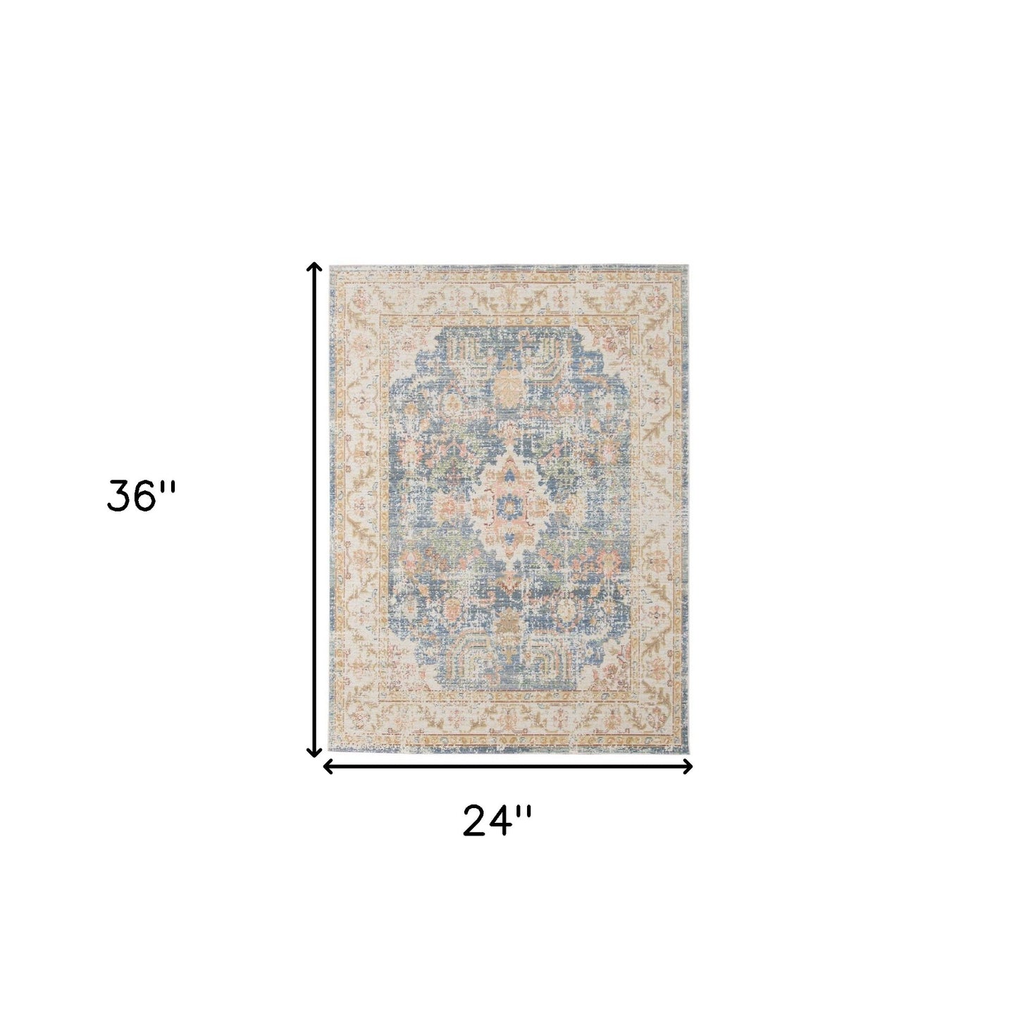 2' x 3' Blue and Ivory Oriental Power Loom Distressed Area Rug