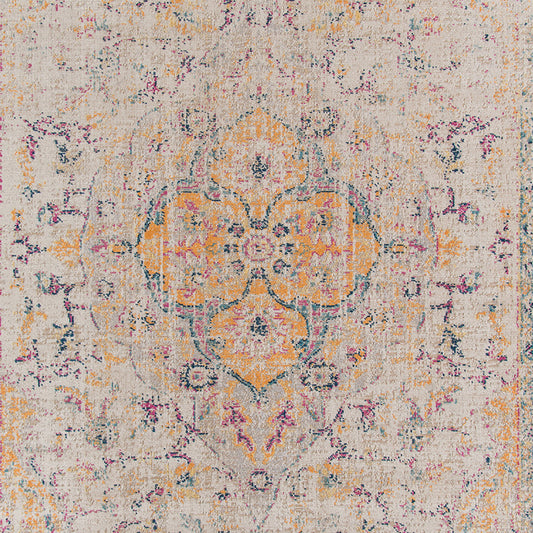 7' x 9' Yellow and Ivory Oriental Power Loom Distressed Area Rug