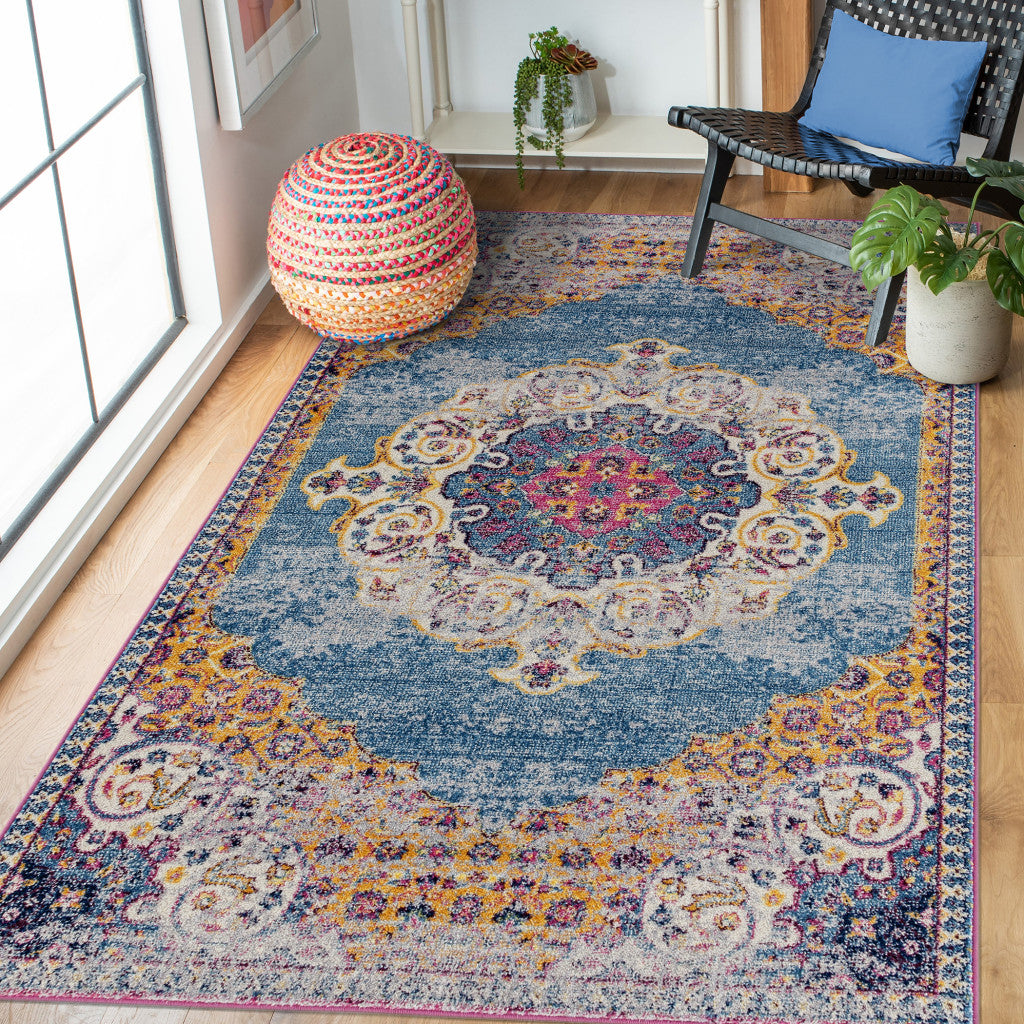 7' x 9' Blue and Orange Medallion Power Loom Area Rug