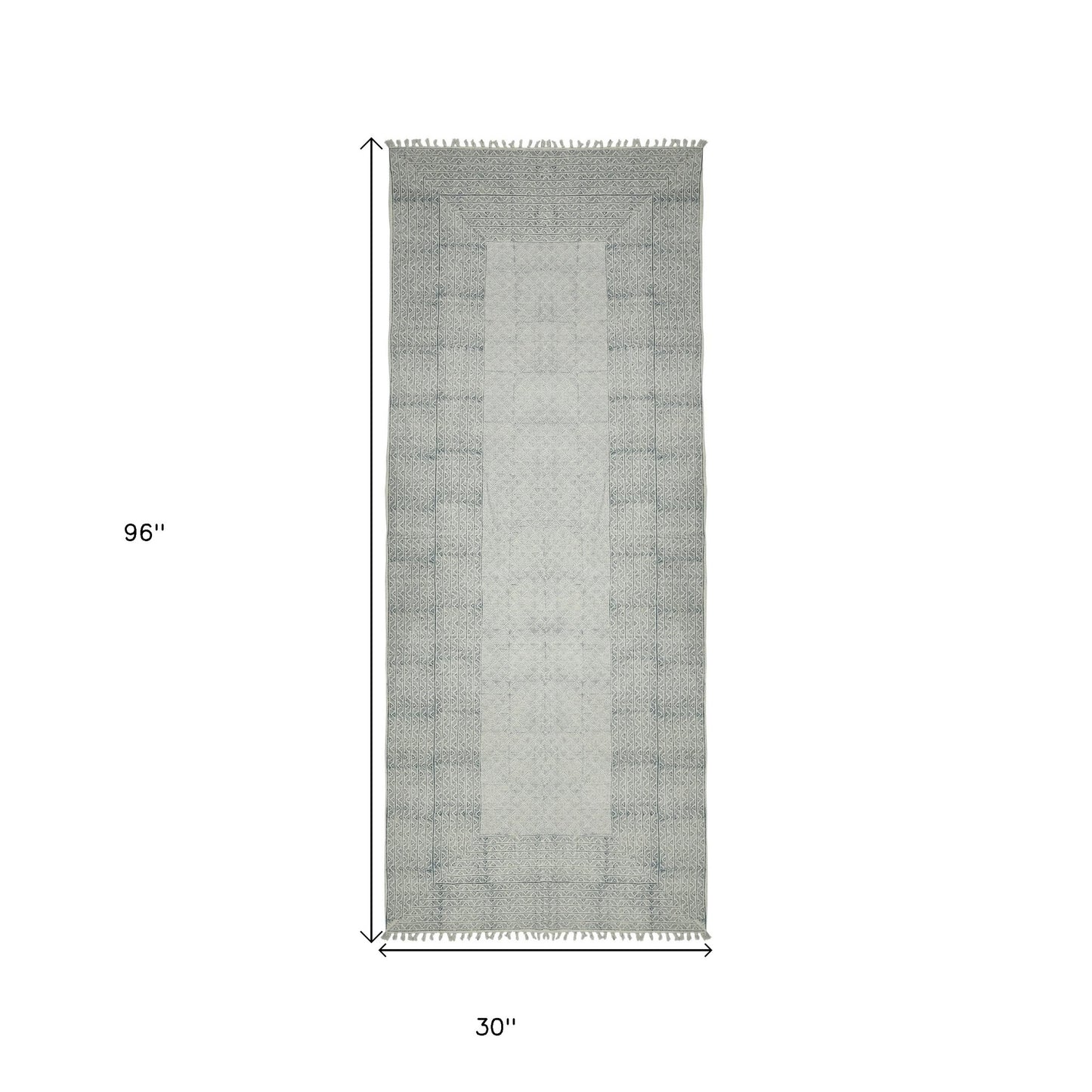 8' Blue Geometric Flatweave Handmade Distressed Runner Rug With Fringe