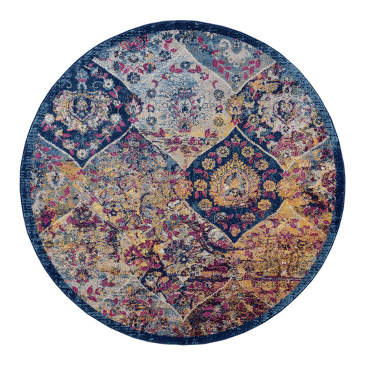 6' Blue and Orange Round Moroccan Power Loom Area Rug