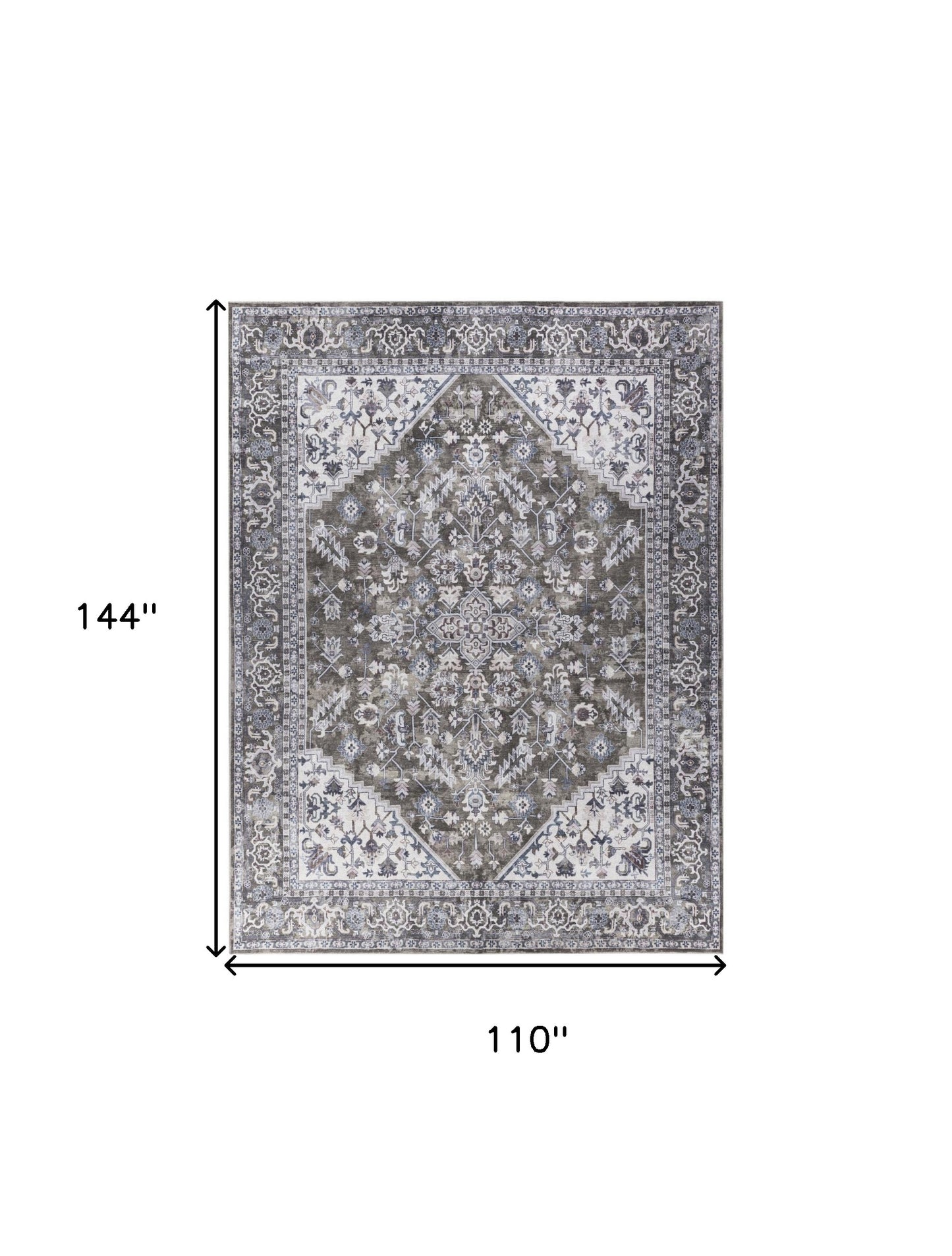 9' x 12' Green and Ivory Floral Power Loom Distressed Washable Area Rug