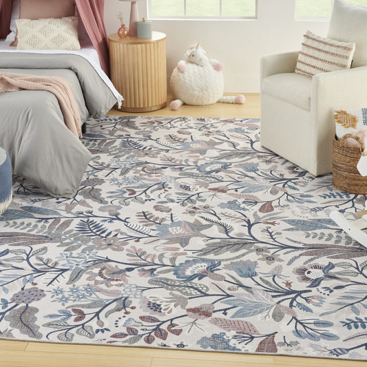 5' x 7' Ivory Green and Red Floral Power Loom Washable Non Skid Area Rug