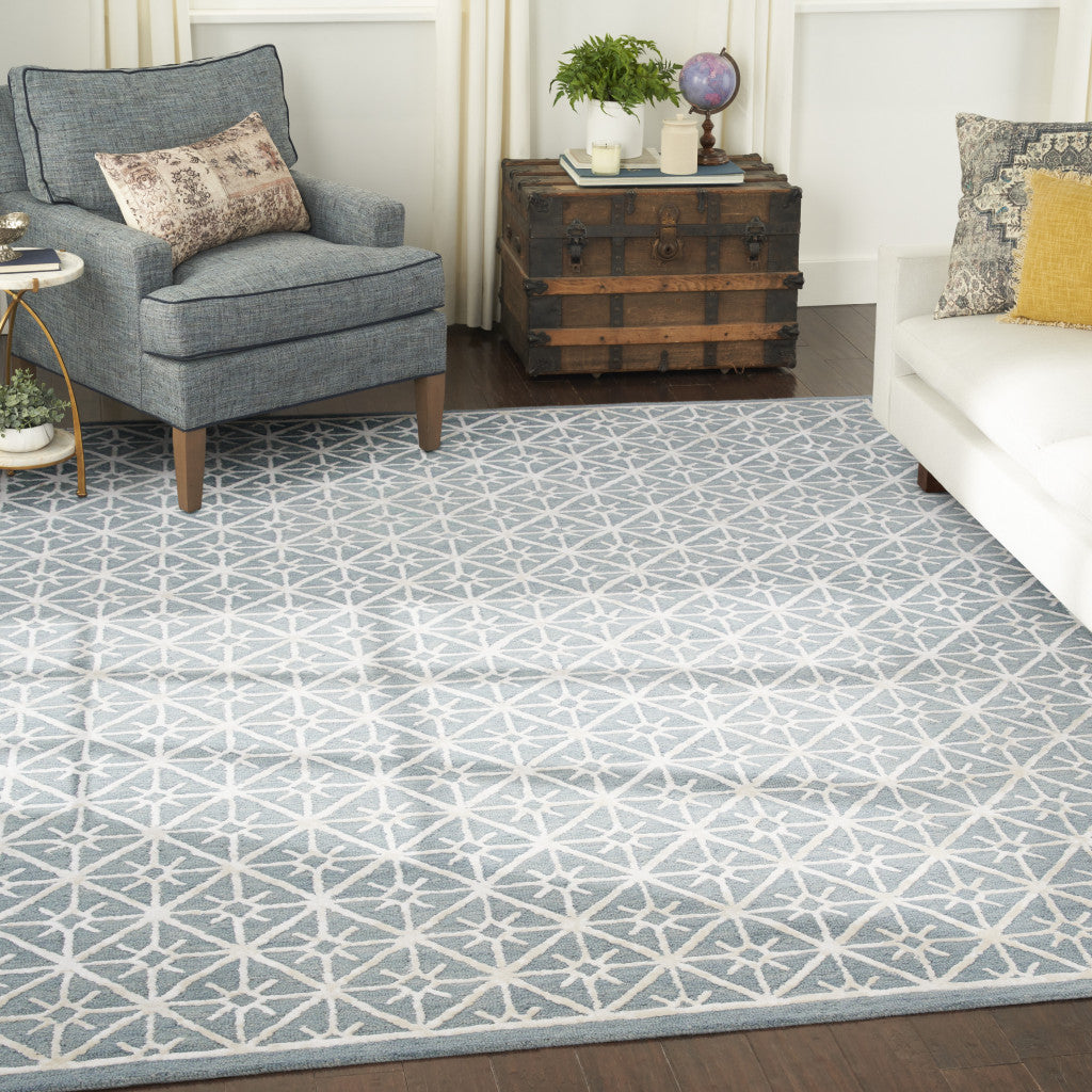 8' x 10' Light Blue and White Geometric Hand Tufted Area Rug