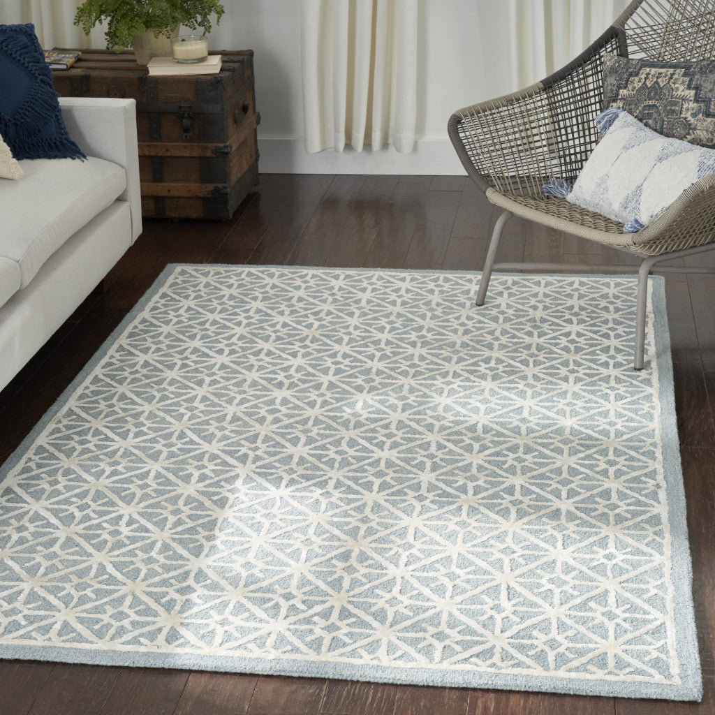 4' x 6' Light Blue and White Geometric Hand Tufted Area Rug