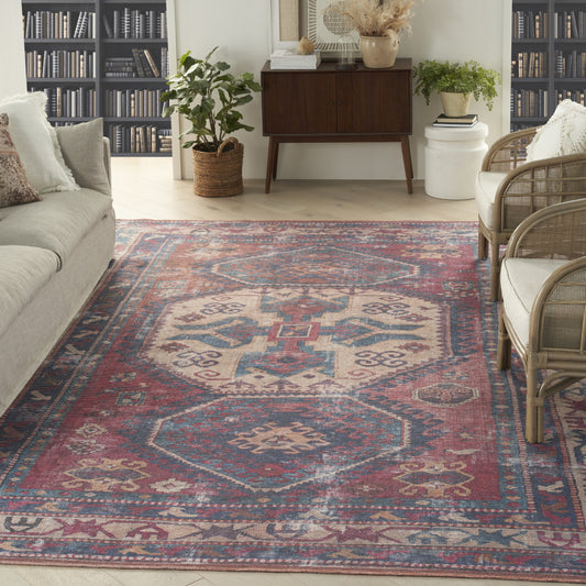 8' x 10' Blue and Red Geometric Power Loom Distressed Washable Area Rug