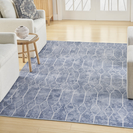 8' x 10' Blue and Off White Geometric Power Loom Washable Area Rug
