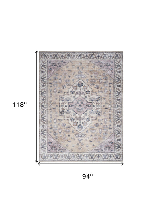 8' x 10' Beige and Gray Oriental Power Loom Distressed Washable Non Skid Area Rug