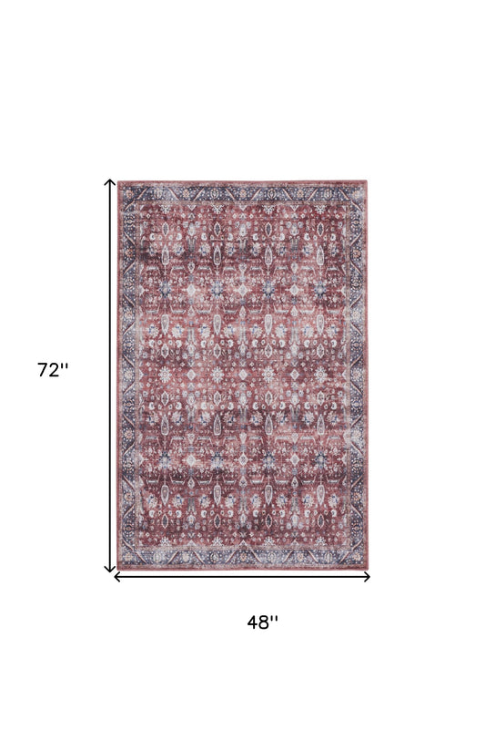 4' x 6' Red and Ivory Oriental Power Loom Distressed Washable Non Skid Area Rug