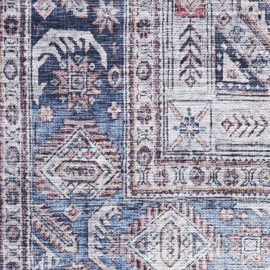 8' x 10' Blue and Red Oriental Power Loom Distressed Washable Non Skid Area Rug