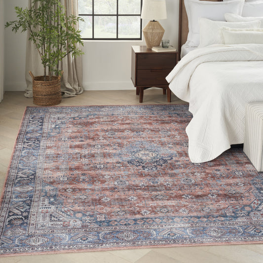 8' x 10' Blue and Red Oriental Power Loom Distressed Washable Non Skid Area Rug