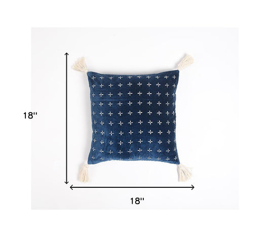 18" X 18" Blue and White Geometric Cotton Pillow Cover With Embroidery and Tassels