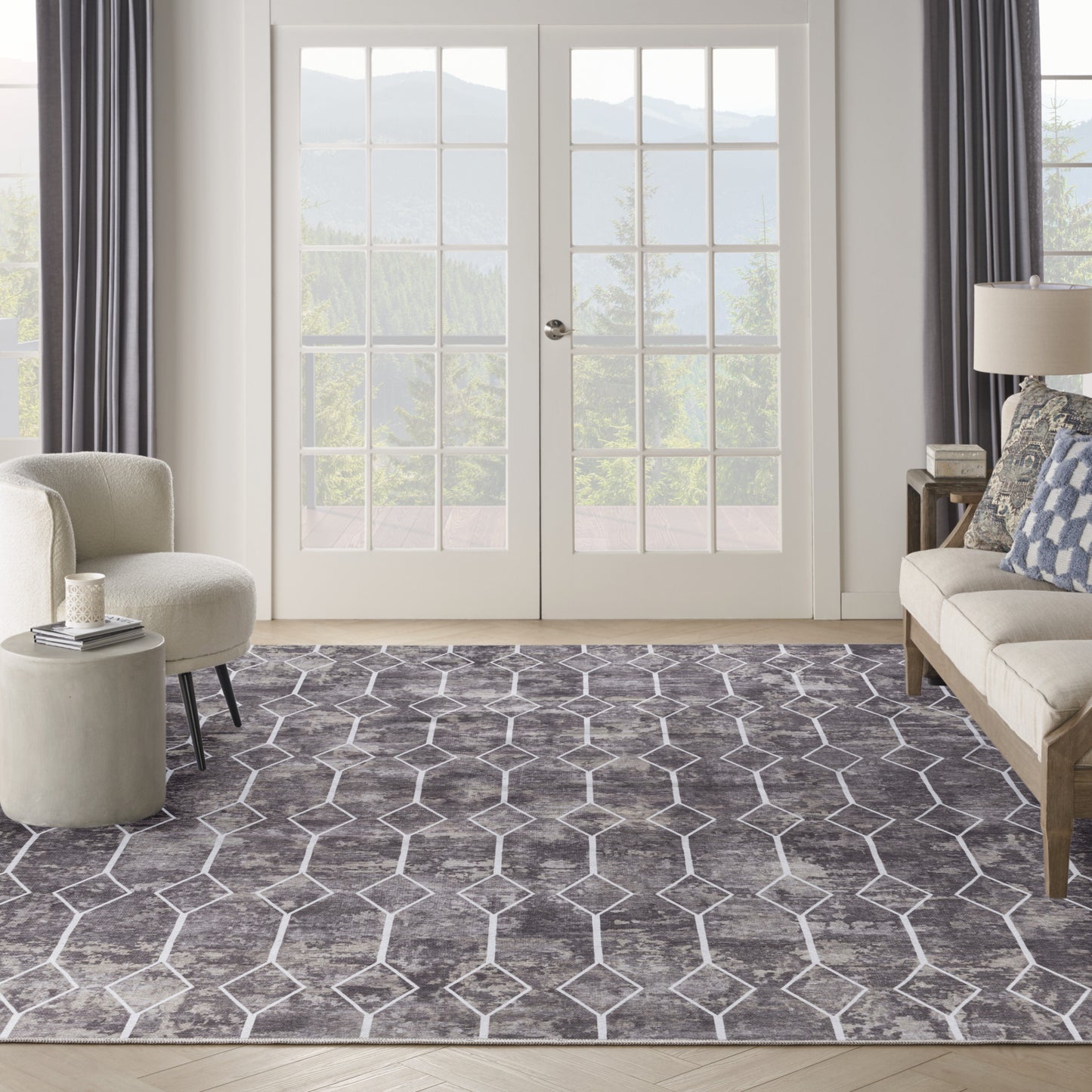 9' x 12' Brown and Ivory Geometric Power Loom Washable Area Rug