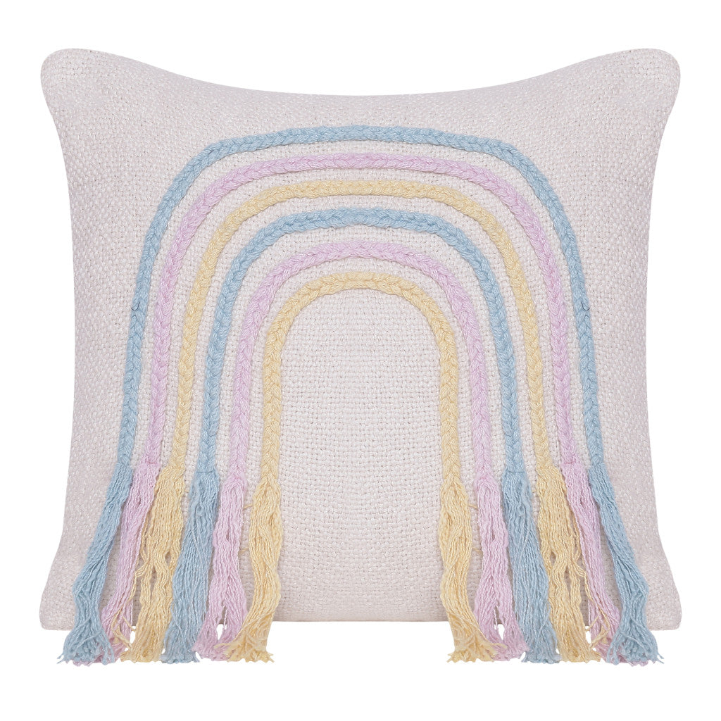 20" X 20" Blue and Off White Braided Cotton Zippered Pillow With Fringe