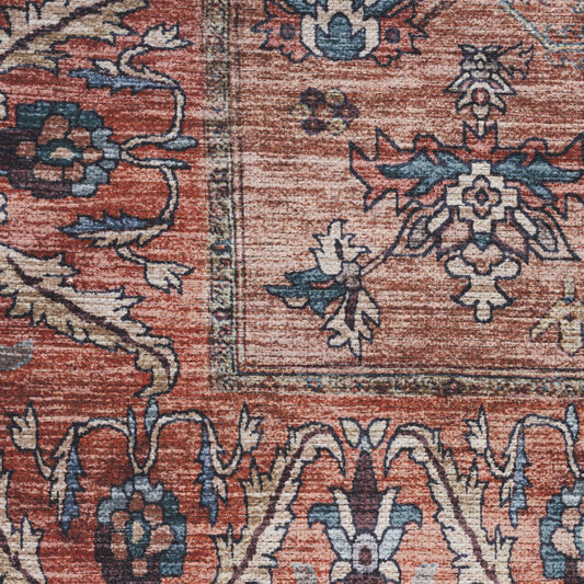 8' x 10' Blue and Red Oriental Power Loom Distressed Washable Non Skid Area Rug