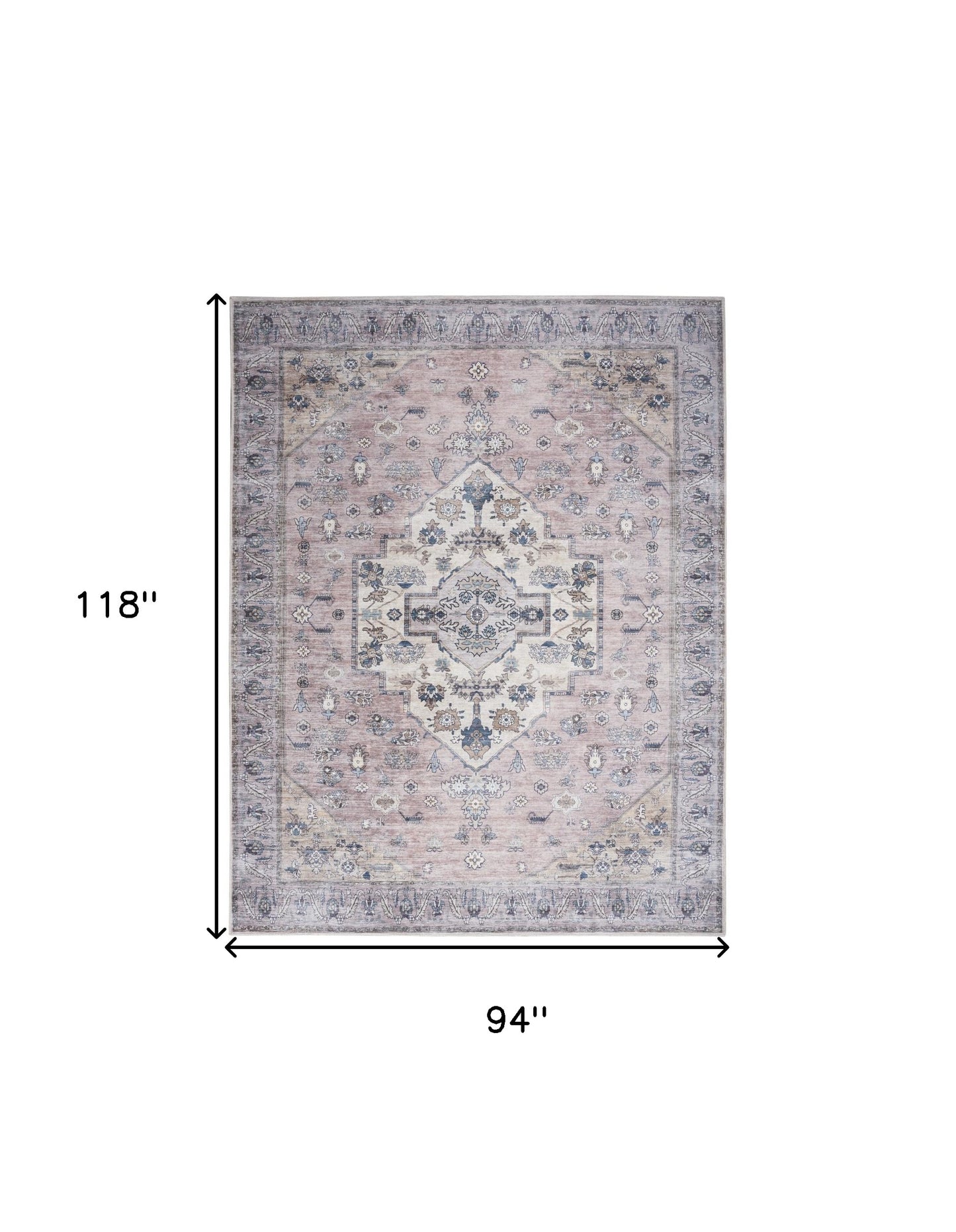 8' x 10' Pink and Blue Oriental Power Loom Distressed Washable Non Skid Area Rug