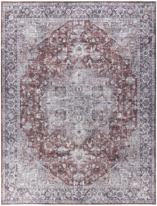 9' x 12' Red and Ivory Floral Power Loom Distressed Washable Area Rug