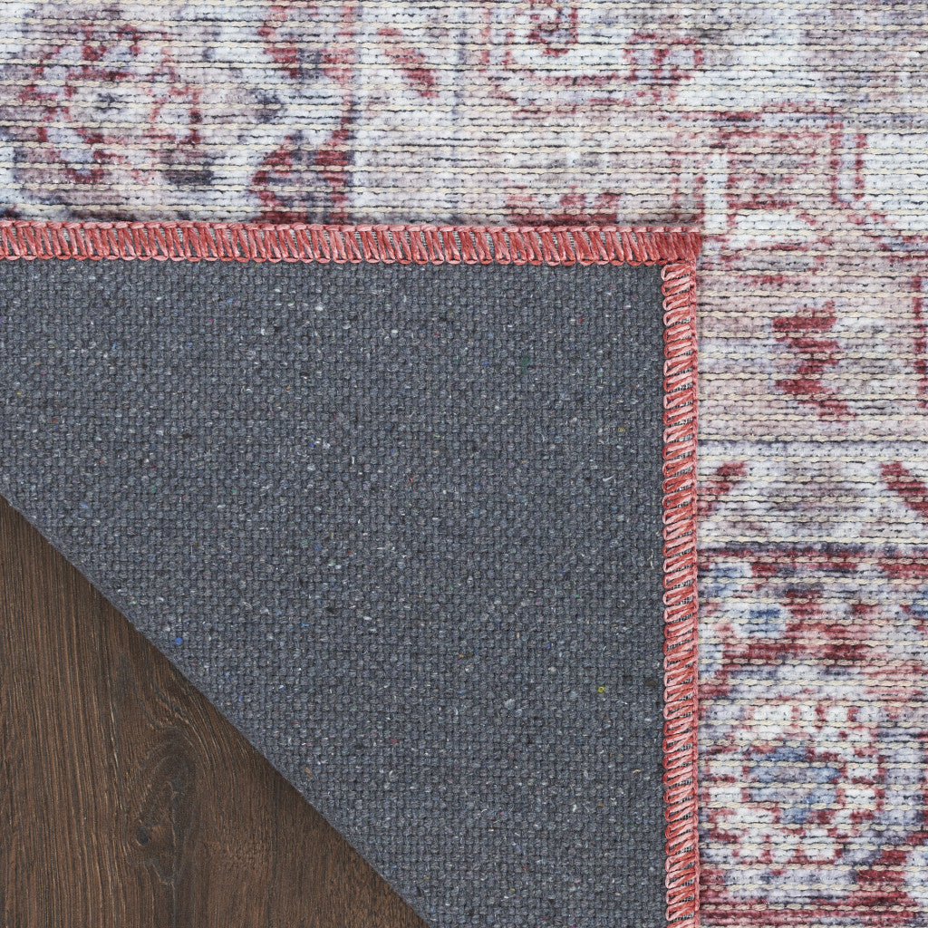 9' x 12' Red and Ivory Floral Power Loom Distressed Washable Area Rug