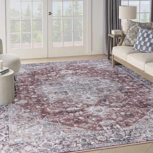 9' x 12' Red and Ivory Floral Power Loom Distressed Washable Area Rug