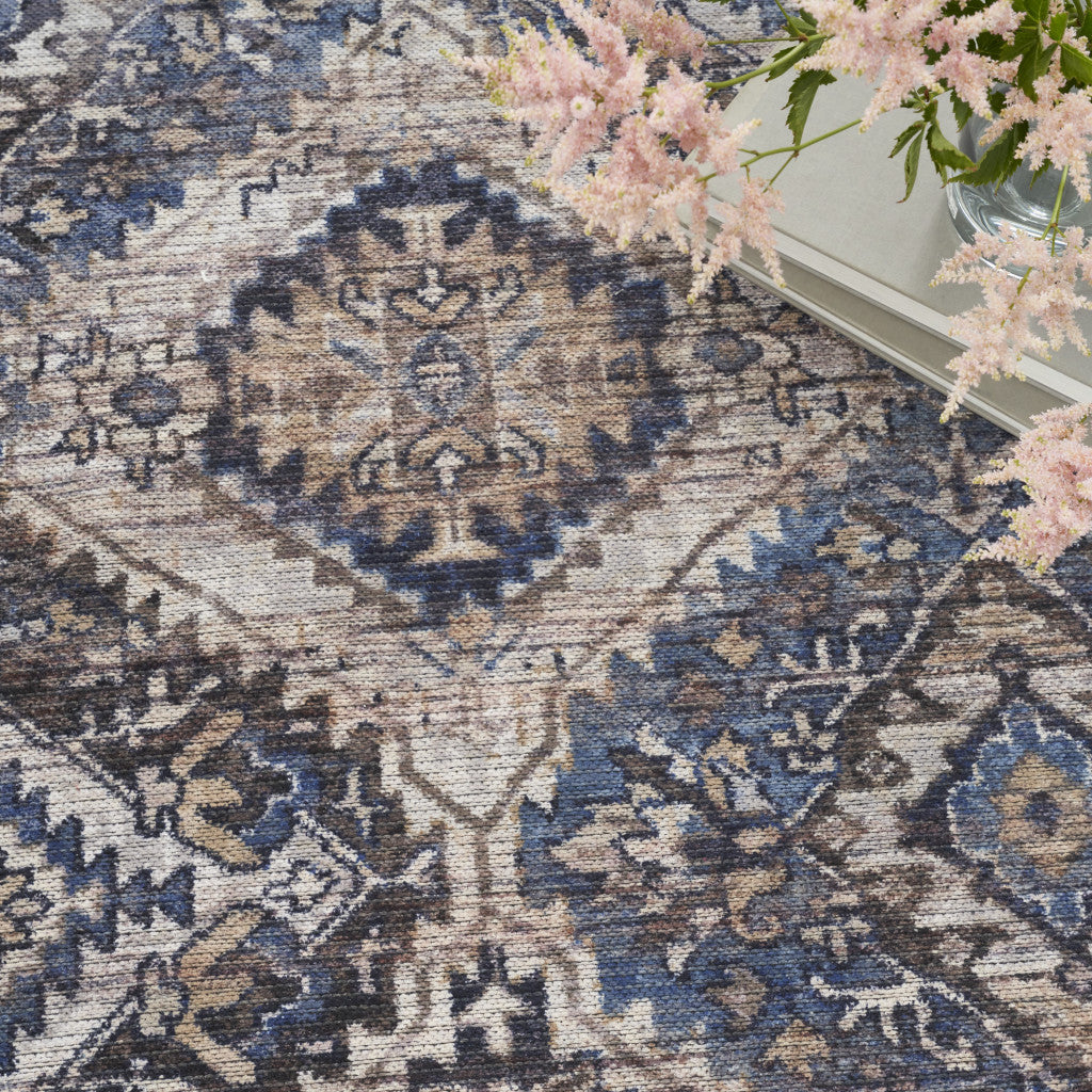 8' x 10' Ivory and Tan Floral Power Loom Distressed Washable Area Rug