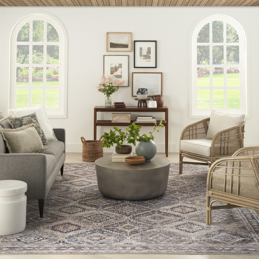 8' x 10' Ivory and Tan Floral Power Loom Distressed Washable Area Rug