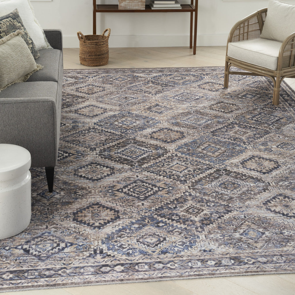 8' x 10' Ivory and Tan Floral Power Loom Distressed Washable Area Rug