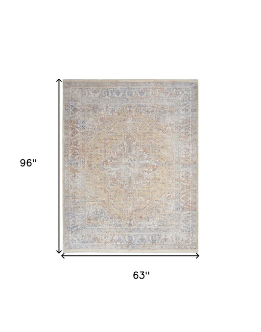 5' x 8' Gray and Gold Oriental Power Loom Distressed Area Rug With Fringe