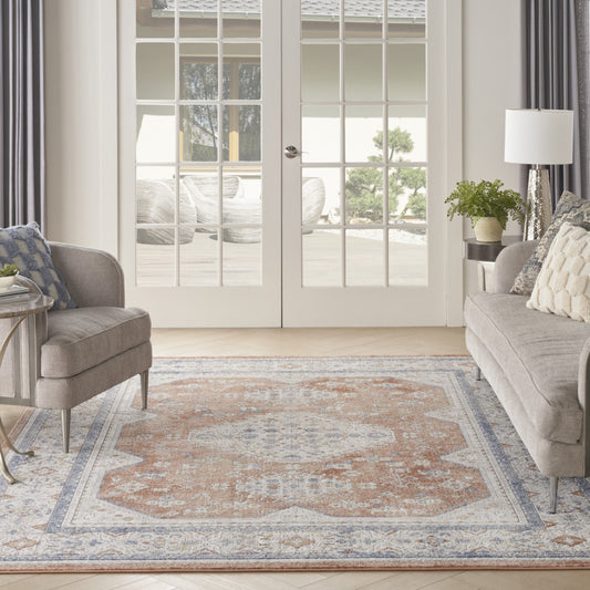 9' x 12' Blue and Beige Oriental Power Loom Area Rug