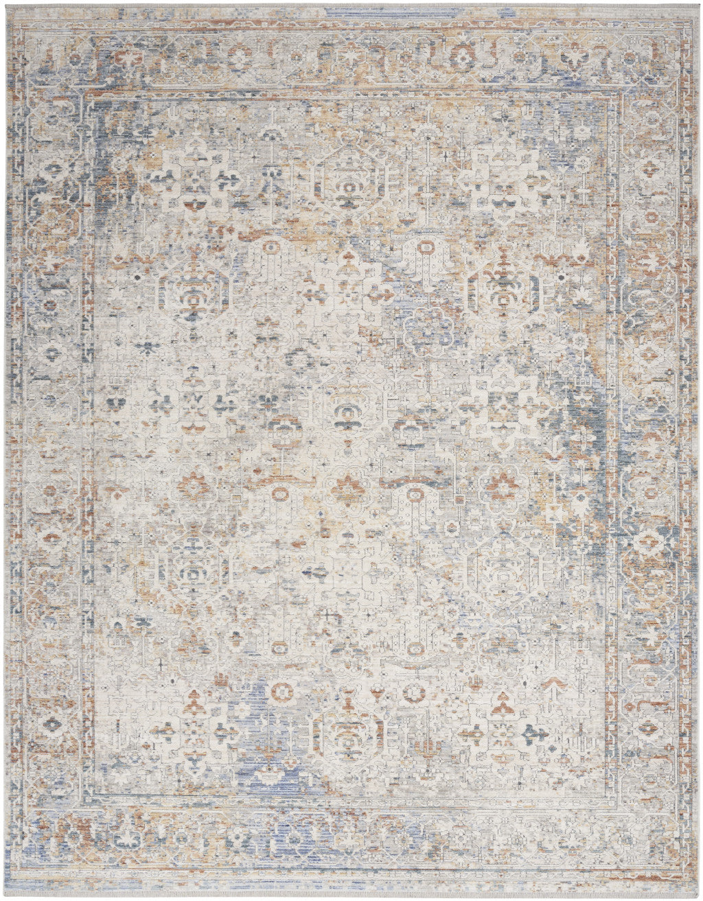 8' x 10' Ivory Blue and Orange Oriental Power Loom Distressed Area Rug With Fringe