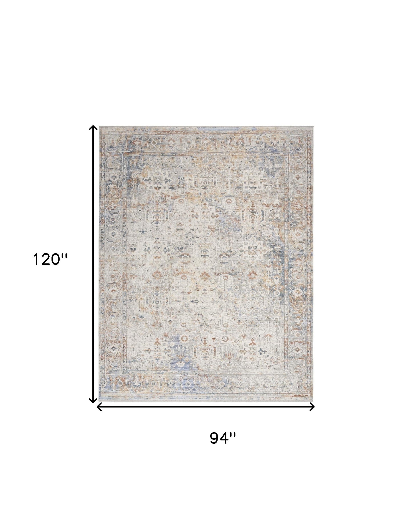 8' x 10' Ivory Blue and Orange Oriental Power Loom Distressed Area Rug With Fringe