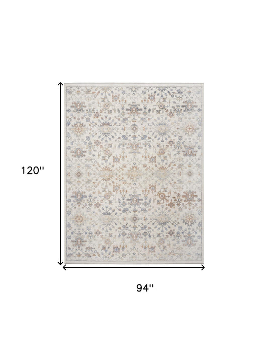 8' x 10' Ivory and Gray Oriental Power Loom Distressed Area Rug With Fringe