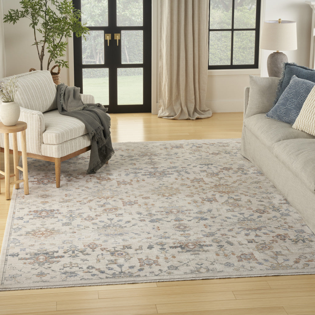 8' x 10' Ivory and Gray Oriental Power Loom Distressed Area Rug With Fringe