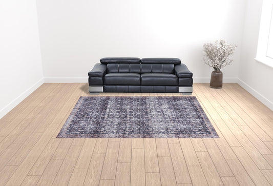 9' x 12' Blue and Ivory Oriental Power Loom Distressed Washable Non Skid Area Rug