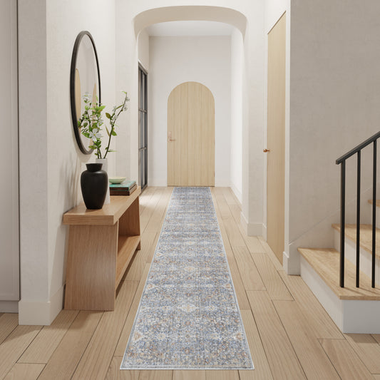 12' Ivory Blue and Gray Oriental Power Loom Distressed Runner Rug