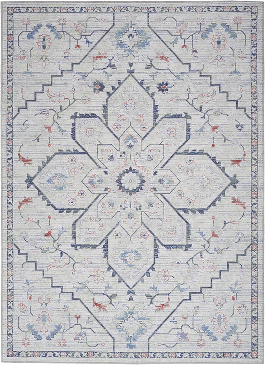 6' x 9' Ivory and Blue Oriental Power Loom Washable Area Rug