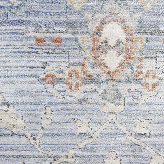 5' x 8' Blue and Ivory Oriental Power Loom Distressed Area Rug With Fringe