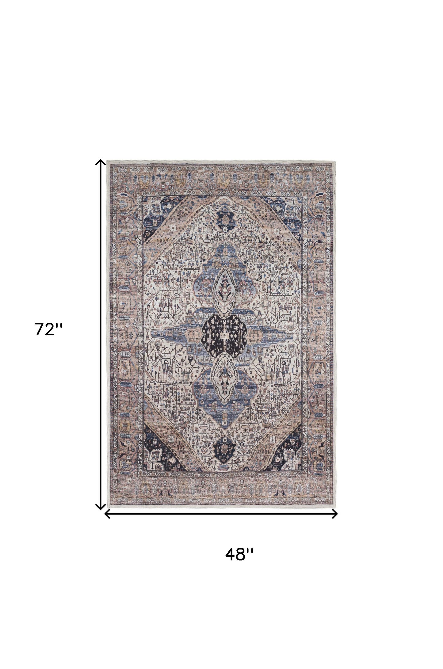 4' x 6' Ivory and Blue Oriental Power Loom Distressed Washable Non Skid Area Rug