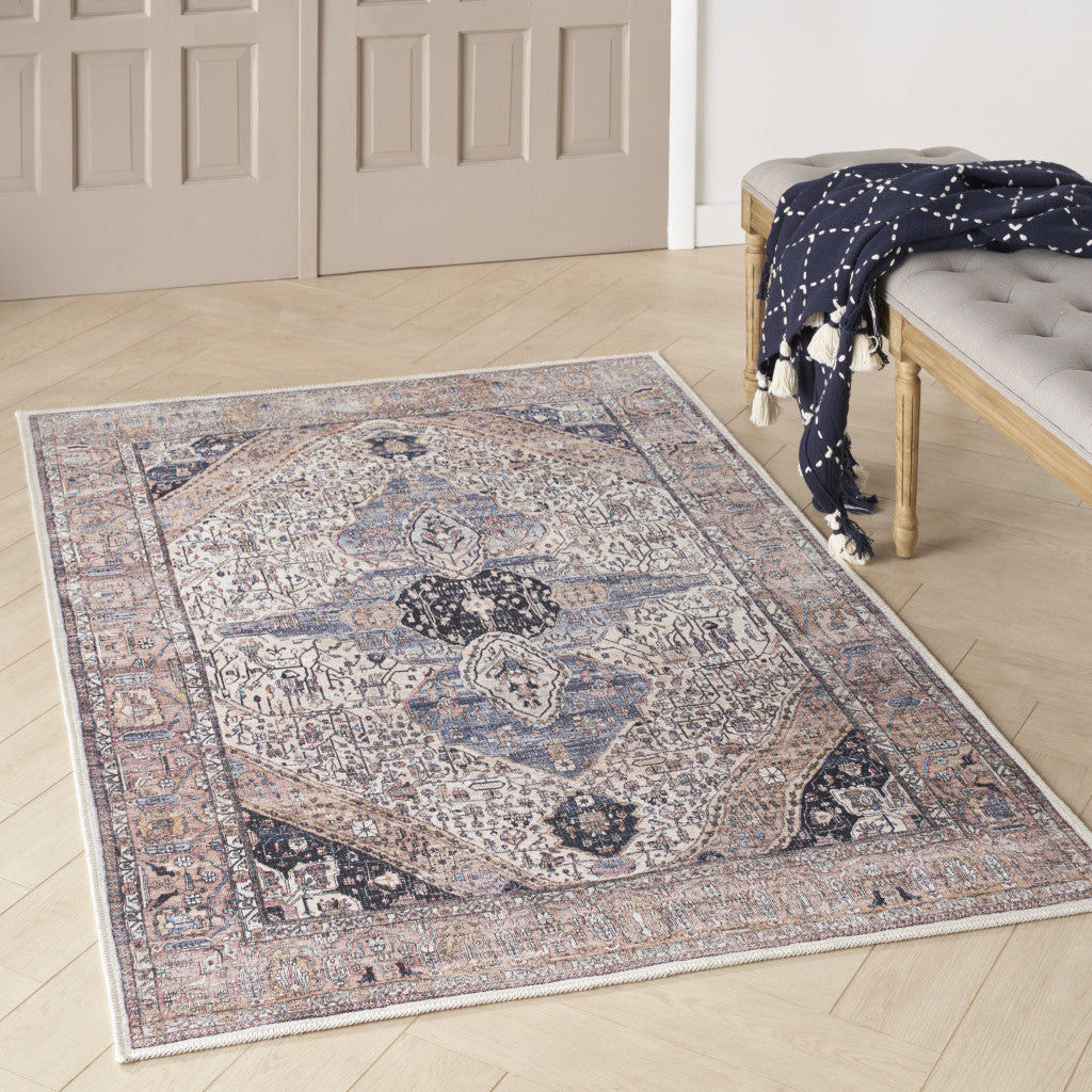 4' x 6' Ivory and Blue Oriental Power Loom Distressed Washable Non Skid Area Rug