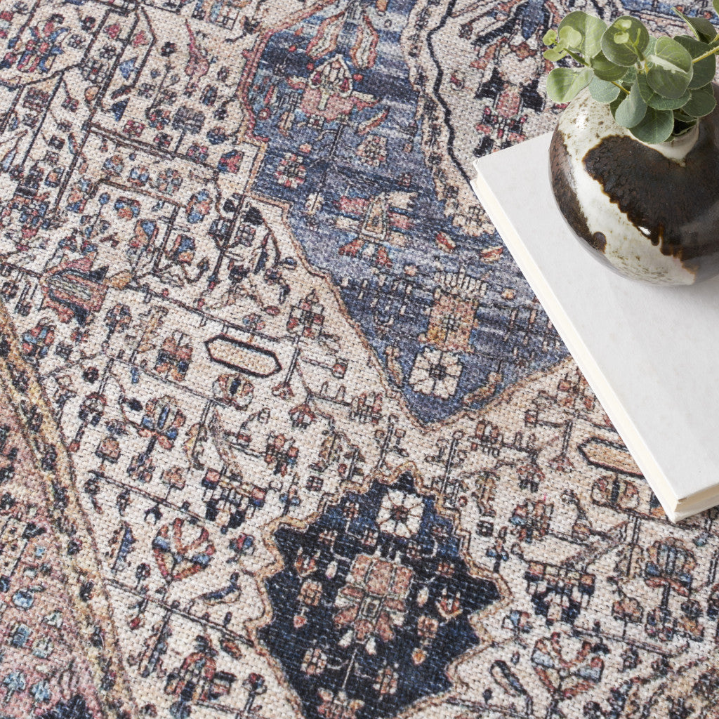 4' x 6' Ivory and Blue Oriental Power Loom Distressed Washable Non Skid Area Rug