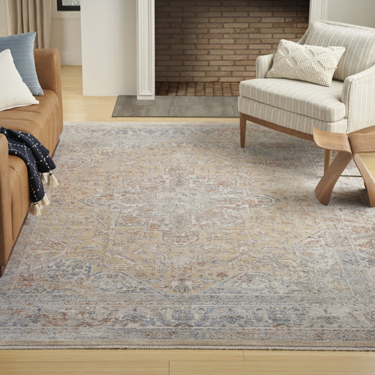 8' x 10' Gray and Gold Oriental Power Loom Distressed Area Rug With Fringe