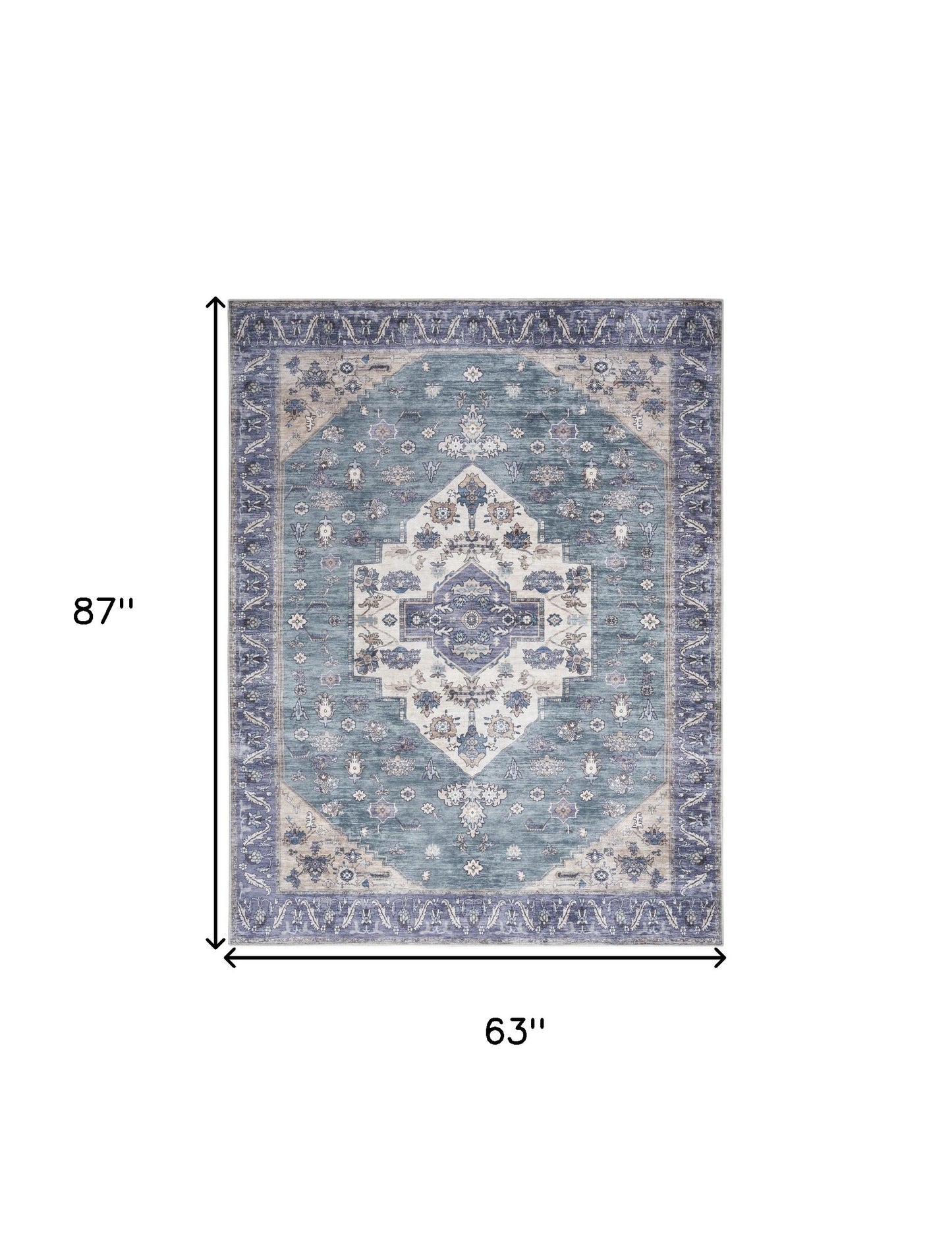 5' x 7' Blue and Green Oriental Power Loom Distressed Washable Non Skid Area Rug