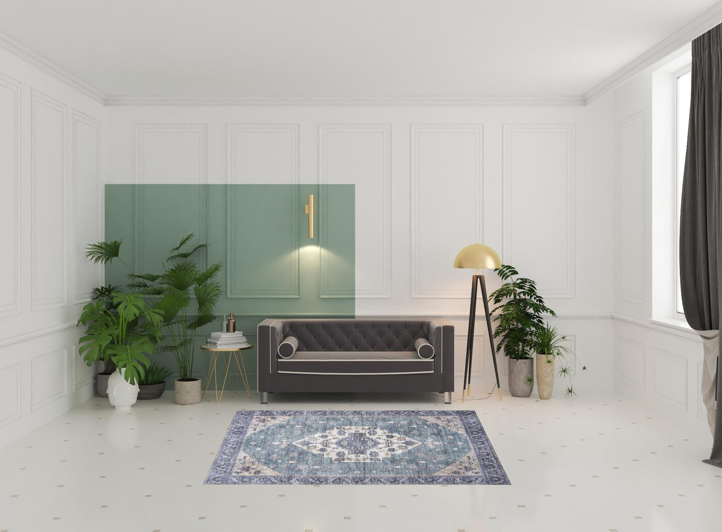 5' x 7' Blue and Green Oriental Power Loom Distressed Washable Non Skid Area Rug