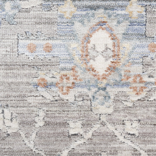 5' x 8' Gray and Ivory Oriental Power Loom Distressed Area Rug With Fringe