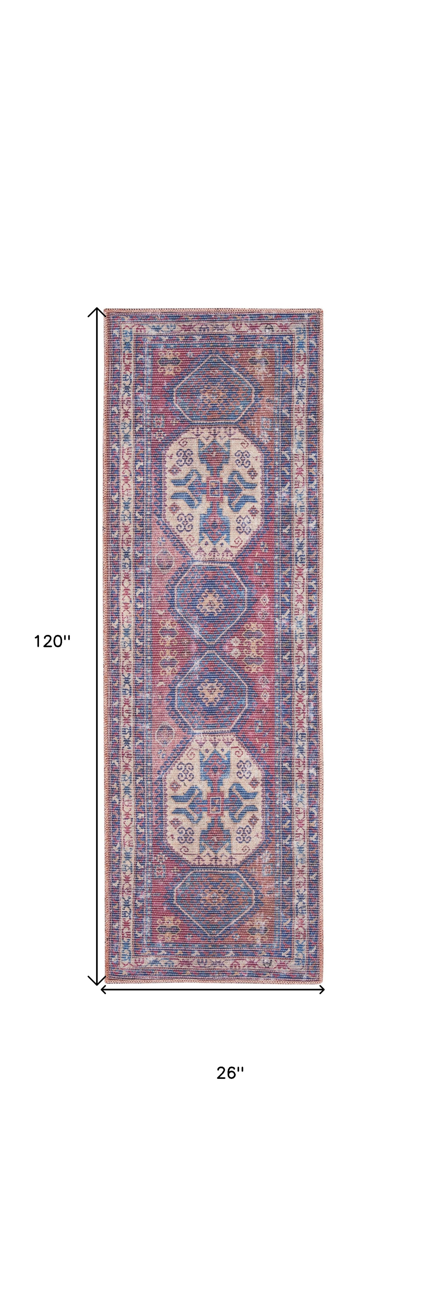 10' Blue and Red Floral Power Loom Distressed Washable Runner Rug