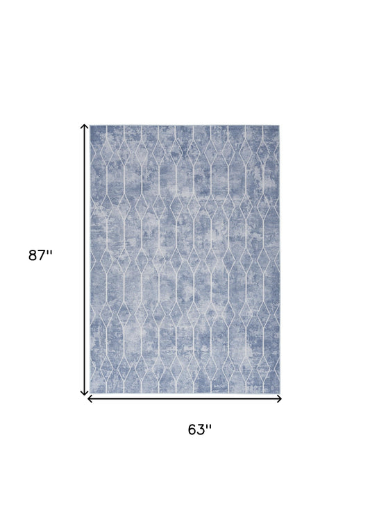 5' x 7' Blue and Off White Geometric Power Loom Washable Area Rug