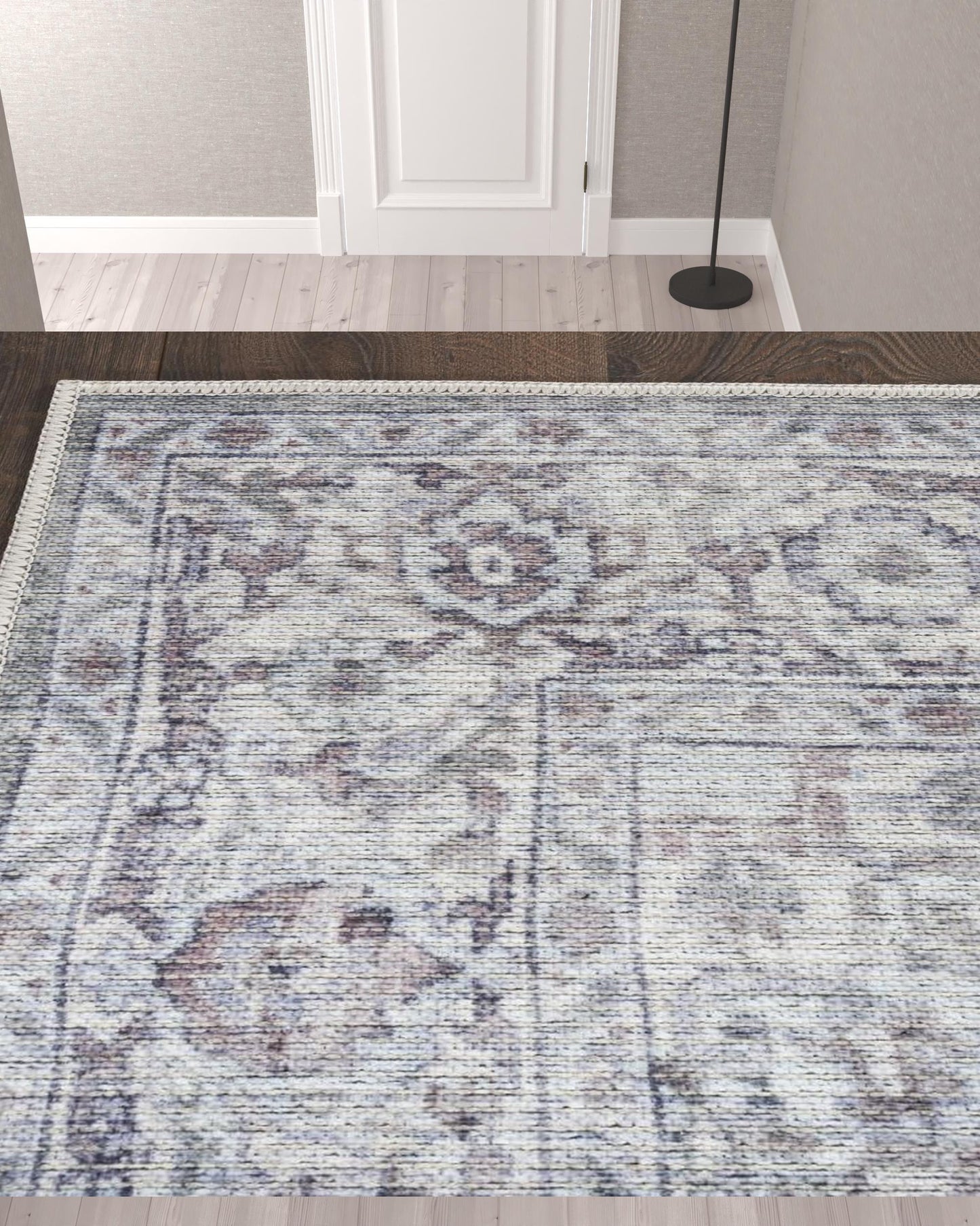 10' Gray and Ivory Floral Power Loom Distressed Washable Runner Rug