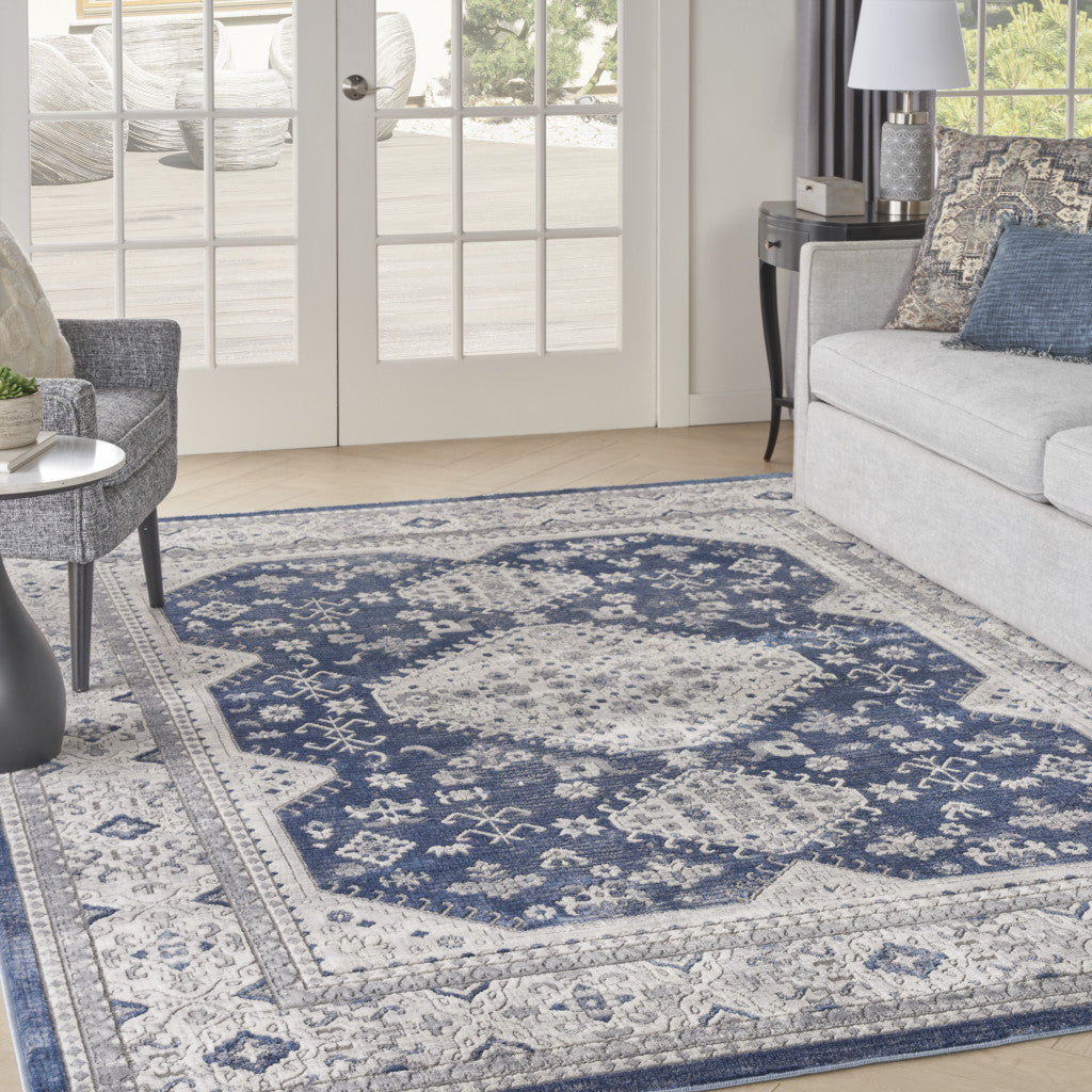 9' x 12' Ivory Blue and Gray Oriental Power Loom Area Rug